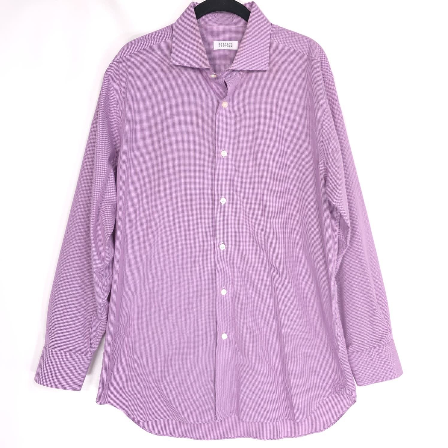 Barneys New York Dress Shirt Purple White Check Cotton Men's Regular 16.5